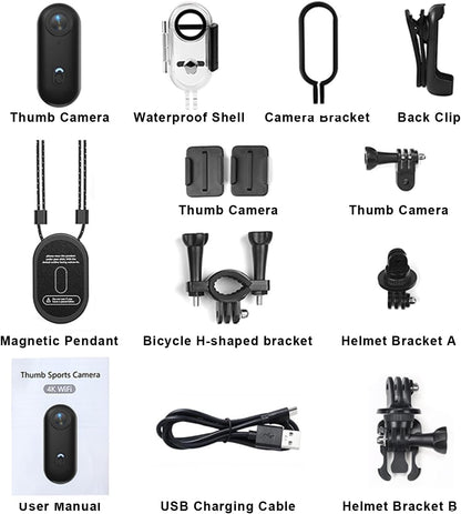 4K Mini Thumb Action Camera 64G Waterproof Magnetic Sport Camera with Helmet Bike Mount, Vlog Camera for Cycling Motorcycle Swimming（Black）