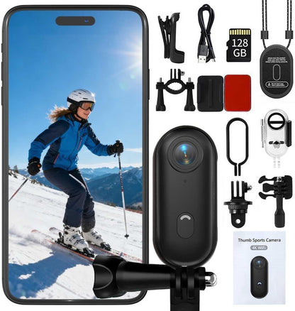 4K Mini Thumb Action Camera 64G Waterproof Magnetic Sport Camera with Helmet Bike Mount, Vlog Camera for Cycling Motorcycle Swimming（Black）
